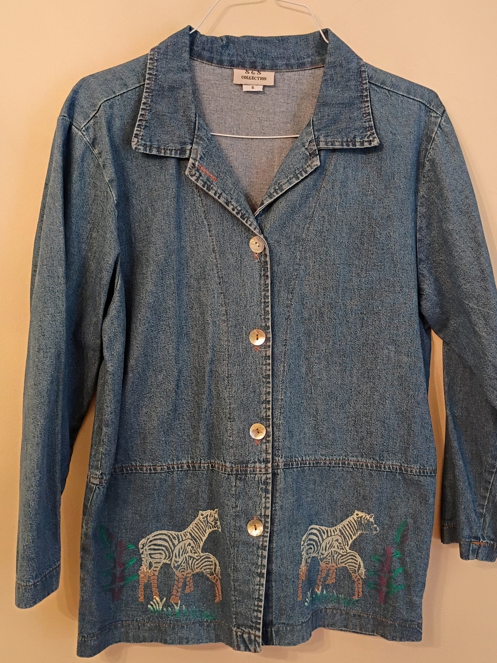 S & S Collection Denim Button-Front Jacket with Zebra Motif - Blue Size S